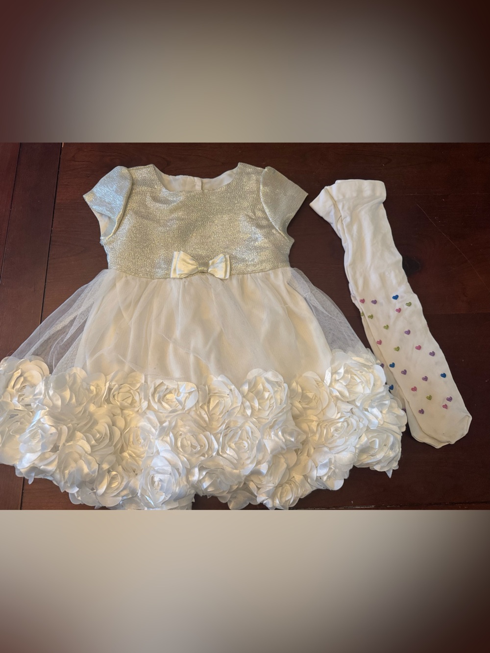 Nannette Baby girls Ivory and gold Sparkle Flower Tutu Dress with Bow and tights
